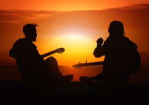 men, guitars, silhouettes, instruments, musical instruments, guitarists, playing guitar, playing music, sunset, dusk, nature, twilight, orange sky